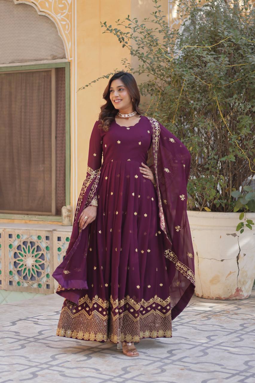 Plum Georgette Anarkali gown with zari and sequin work, complete with a dupatta.