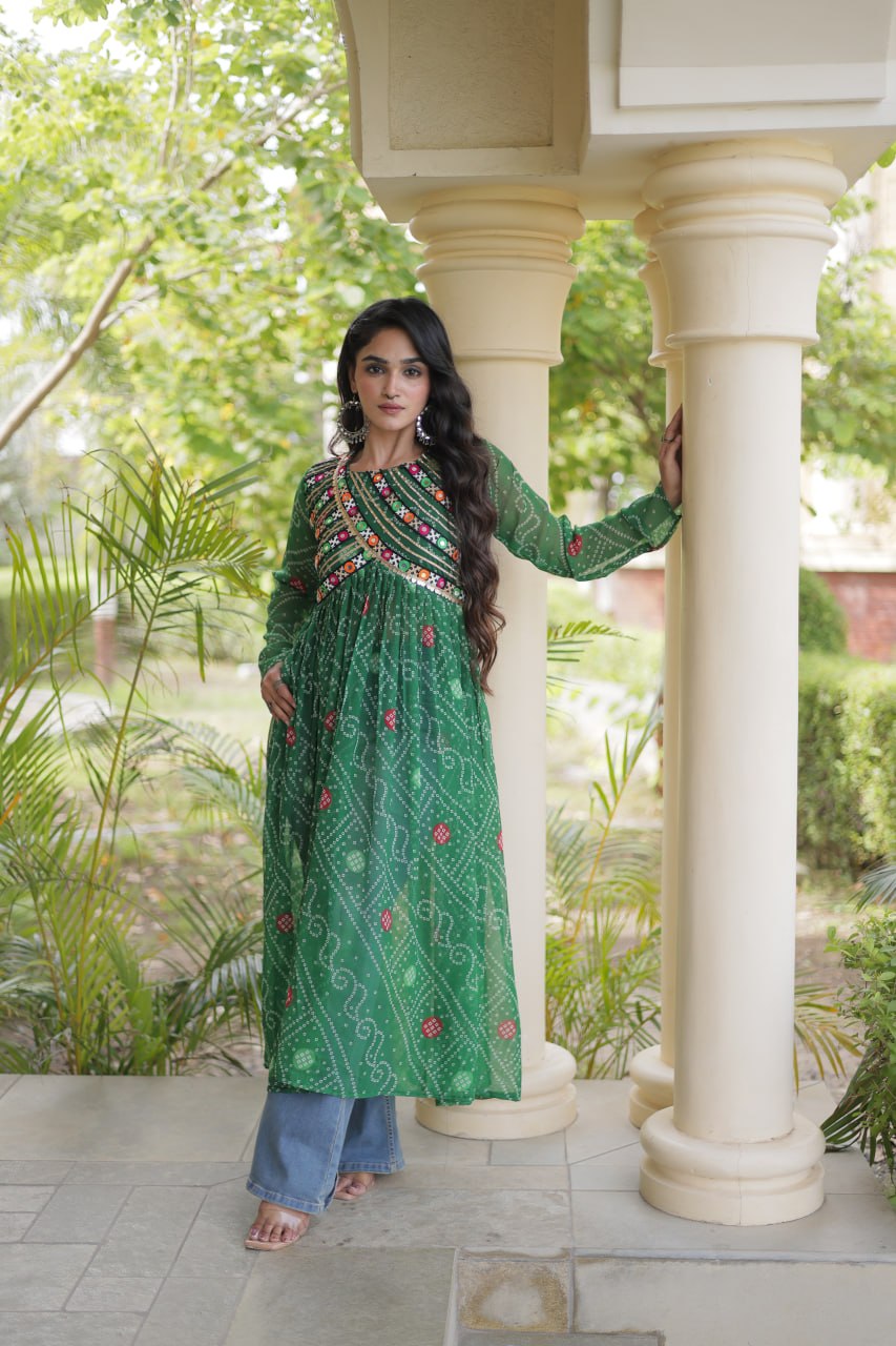 RangBhoomi Bandhani Faux Georgette Kutchi Patchwork Kurti — Navratri 2026