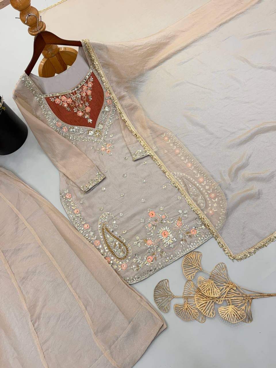 RangBhoomi NC Moss Designer Embroidered Top-Bottom & Dupatta Set — Fully Stitched Ready to Wear
