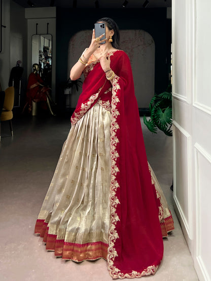 Woven Grace Embroidered Lehenga Set with Royal Paithani Borders and Elegant Pastel Hues