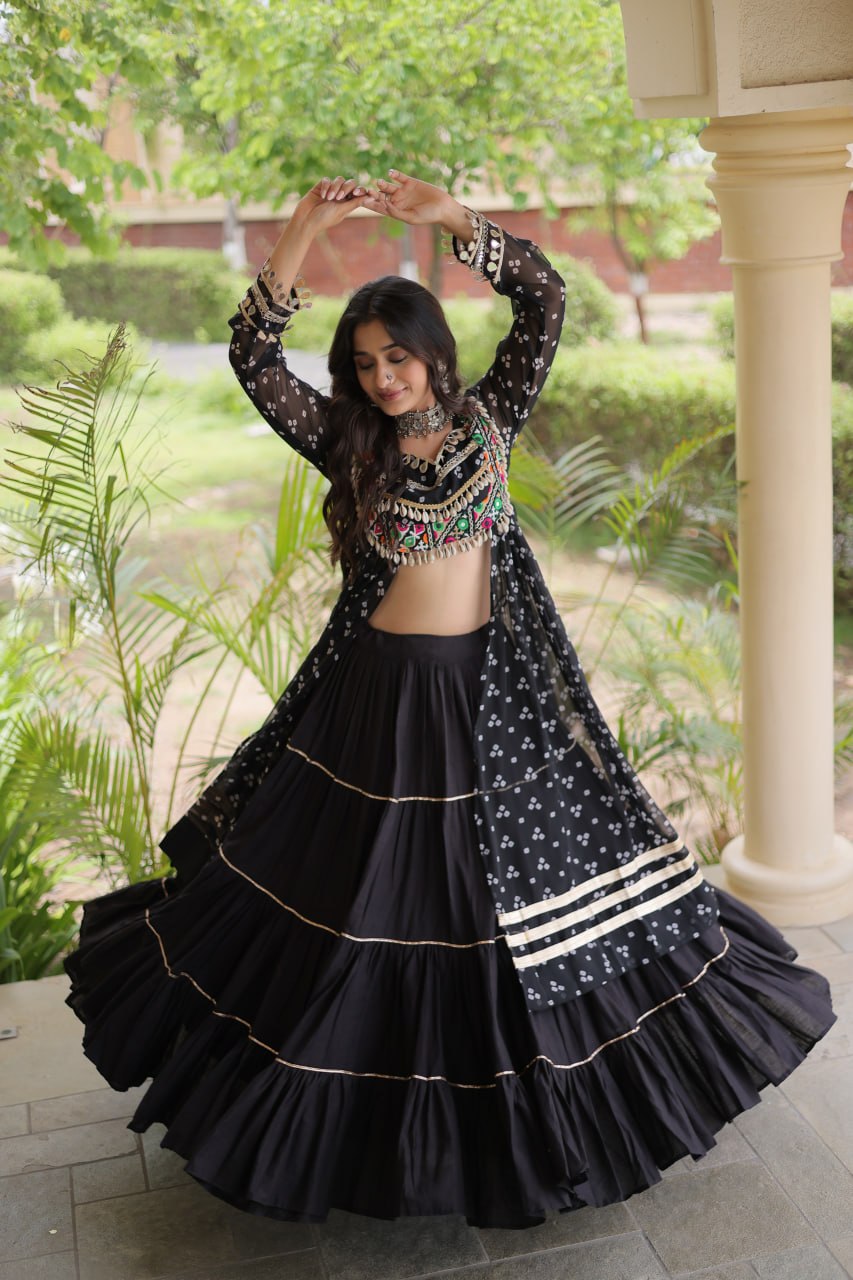 RangBhoomi Navratri 2026 Lehenga & Kurti Set – Kora Cotton Lehenga with Bandhni Faux Georgette Kurti (L, 40" Stitched)