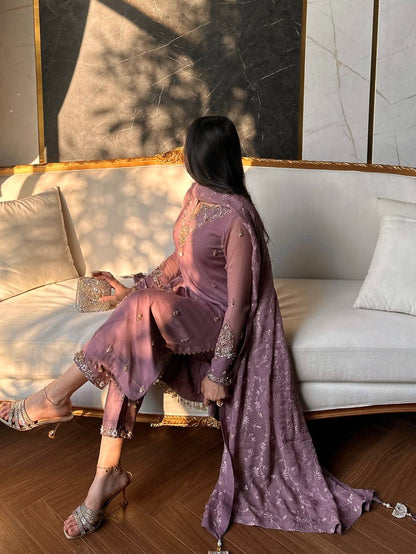 Embroidered Sequined Faux Georgette Top, Bottom, and Dupatta Set – Fully Stitched and Ready to Wear