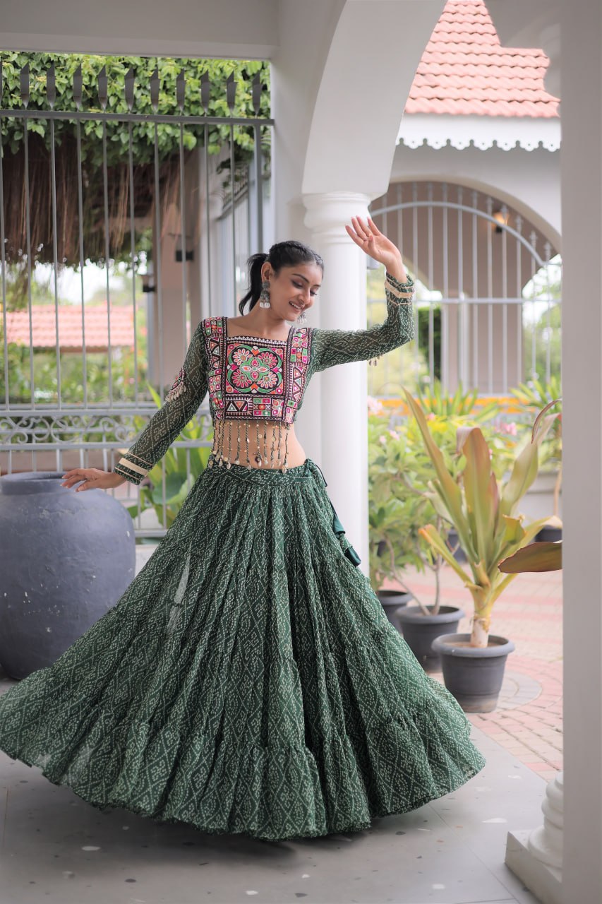 RangBhoomi Bandhni Faux Georgette Full-Stitched Lehenga Set with Designer Square Neck Blouse