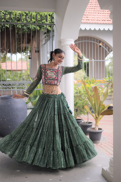 RangBhoomi Bandhni Faux Georgette Full-Stitched Lehenga Set with Designer Square Neck Blouse