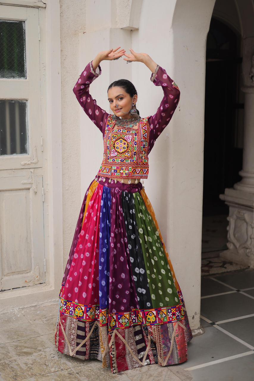 Navratri Festival Full-Stitched Georgette Lehenga Choli with Vintage and Kutchi Gamthi Embellishments