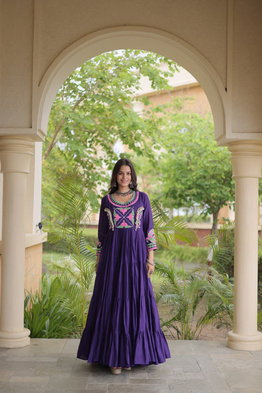 RangBhoomi Navratri Embroidered Kora Cotton Gown - Full Sleeve 54" Length (Rust, Purple)