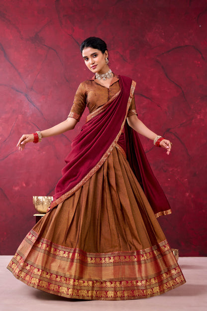 Elegant Narayanpet Cotton Lehenga Set with Zari Weaving Work – Includes Stitched Lehenga, Unstitched Blouse, Crepe Dupatta, Tassels, and Drawstring Belt