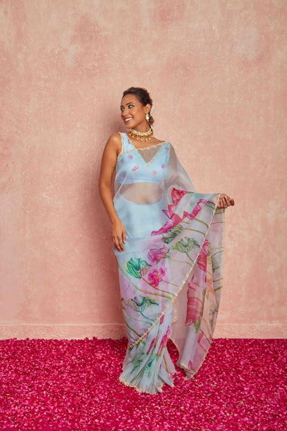 Ready To Wear Organza Silk Saree - Floral Printed