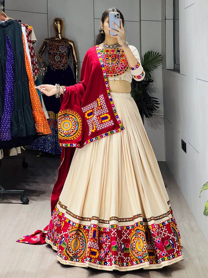 Classical Premium Gamthi Mirror Work Lehenga Choli - Vanilla Rayon Cotton Festive Set