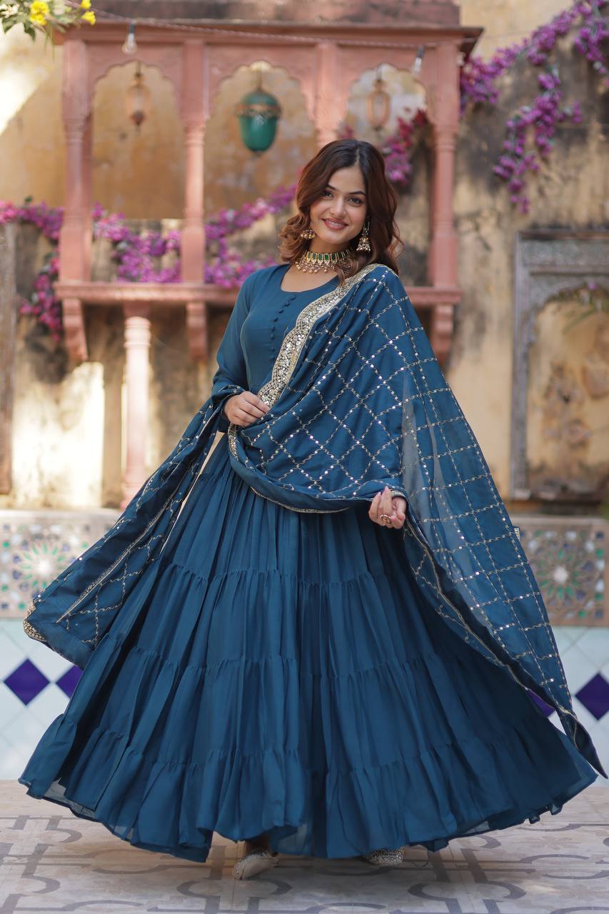 Flared Gown: Embroidered Dupatta - Shop Now!