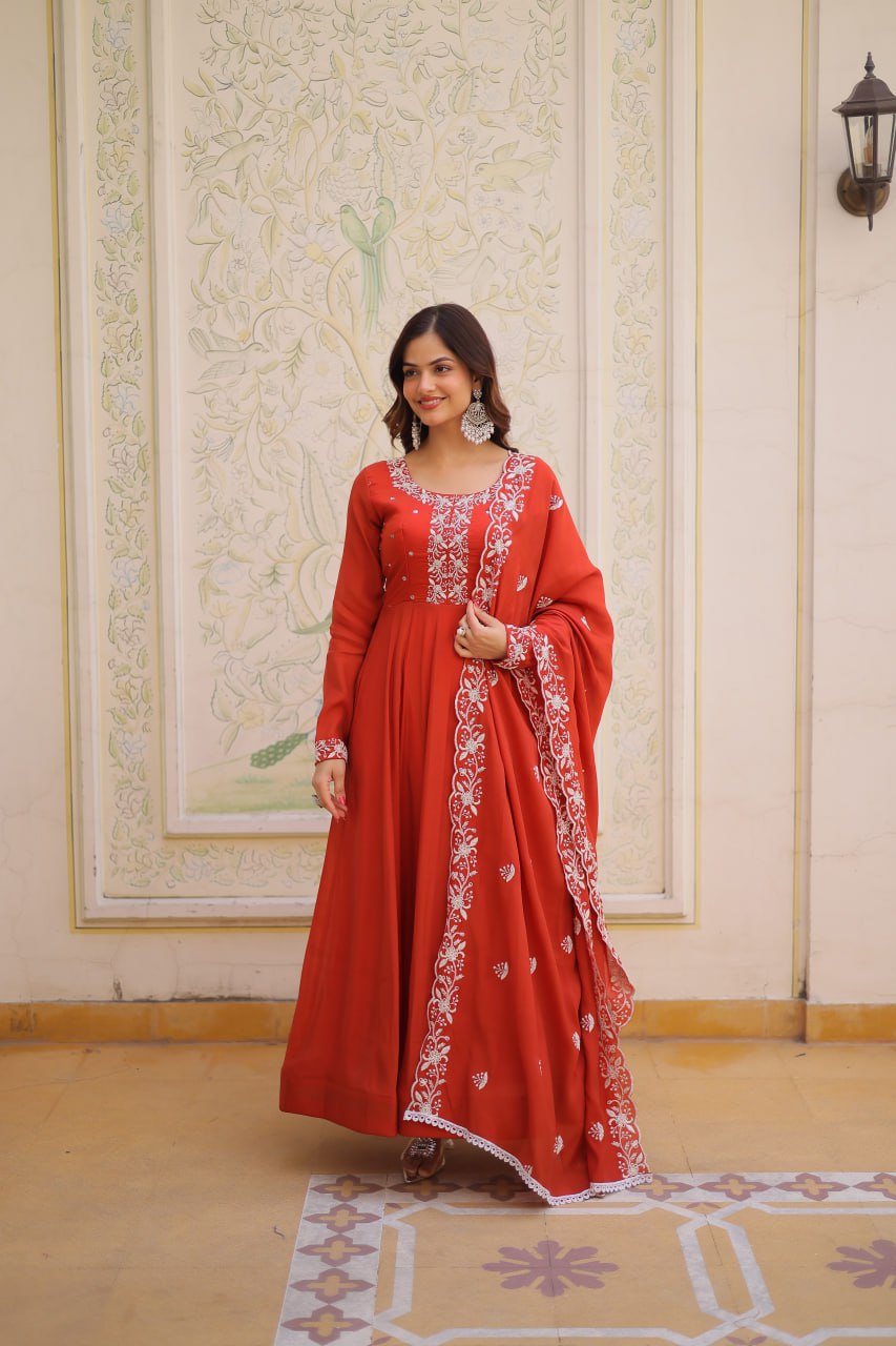Elegant Mal Chanderi Gown and Dupatta Set with Bead Embroidery and Designer Cutwork Lace Border