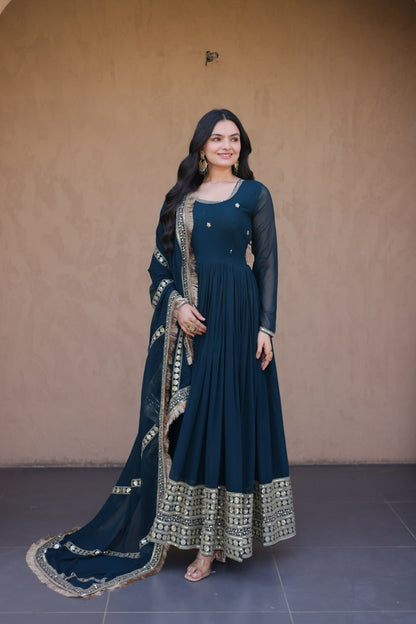 RangBhoomi Festive Faux Blooming Gown with Embroidered Dupatta - Rama & Maroon