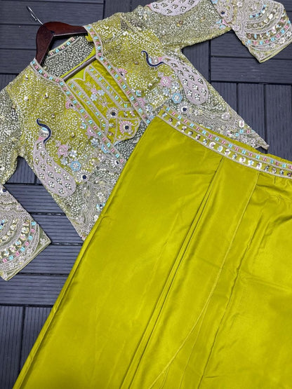 Trendy Party Wear Satin Lehenga with Embroidered Belt and Stylish Net Koti