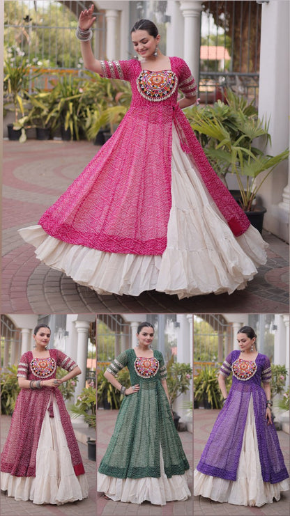 RangBhoomi Navratri 2026 Bandhani Lehenga Set — Full-Stitched Kora Cotton Lehenga with Faux Georgette Kurti