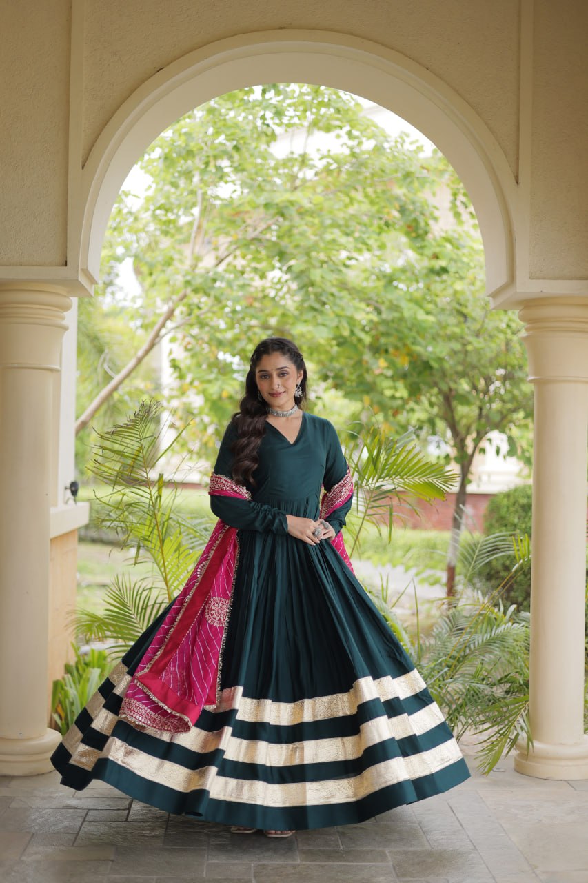 RangBhoomi Navratri Gown & Dupatta Collection 2026 – Full-Sleeve V-Neck Reyon Gown with Georgette Dupatta