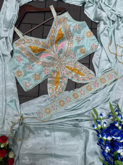 RangBhoomi Ready-to-Wear Saree with Elegant Embroidery and Sequined Blouse – Heavy Crepe Fabric