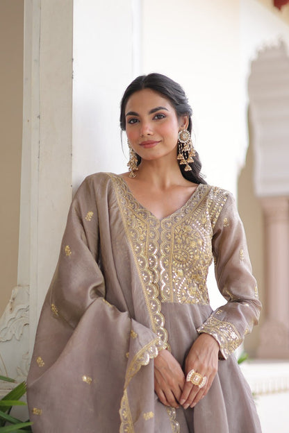 RangBhoomi Premium Ready-Made Gown and Dupatta Set with Elegant Gold Embroidery