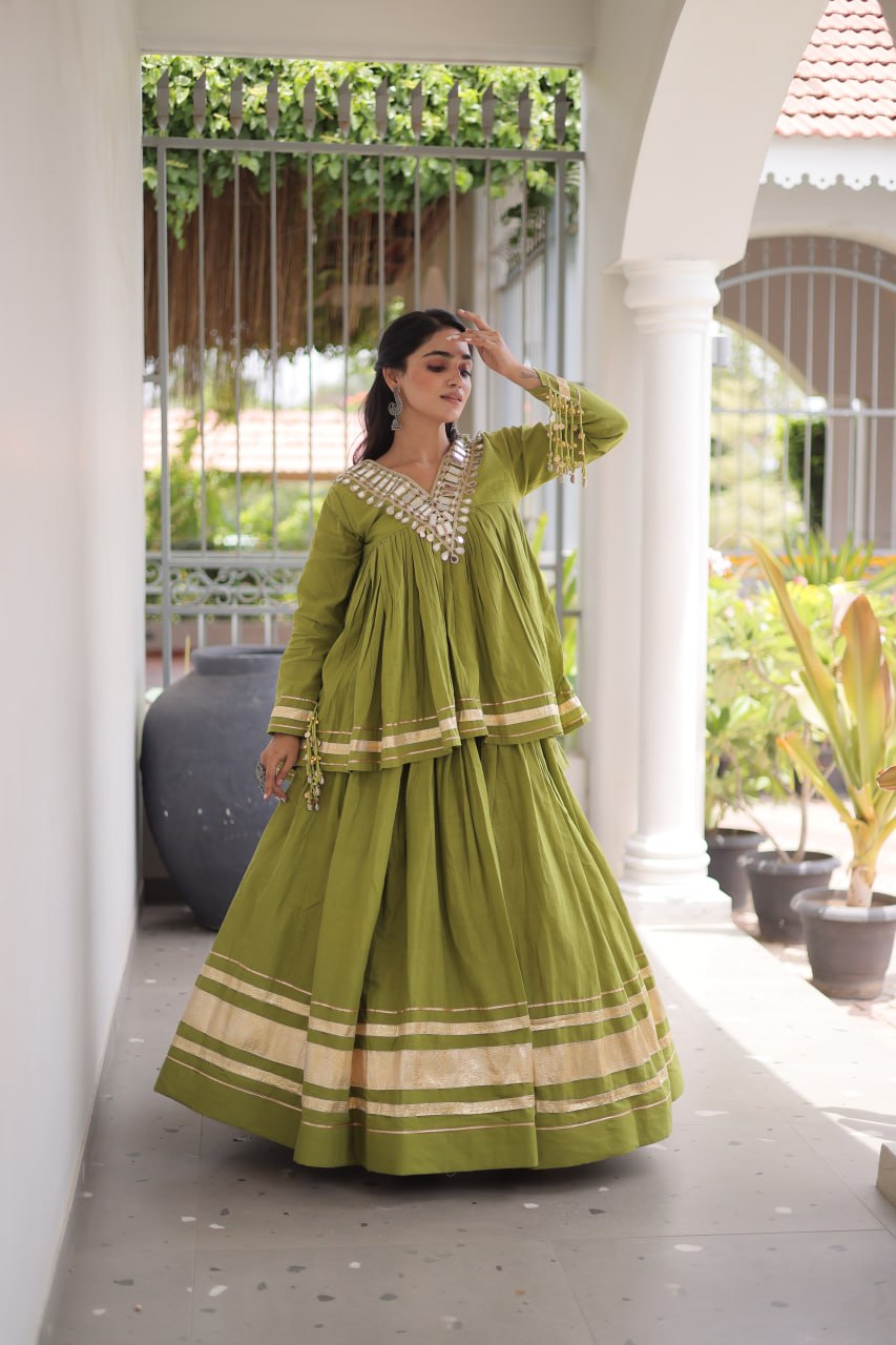 RangBhoomi Navratri Kora Cotton Full-Stitched Lehenga & Blouse Set with Mirror and Gota Work