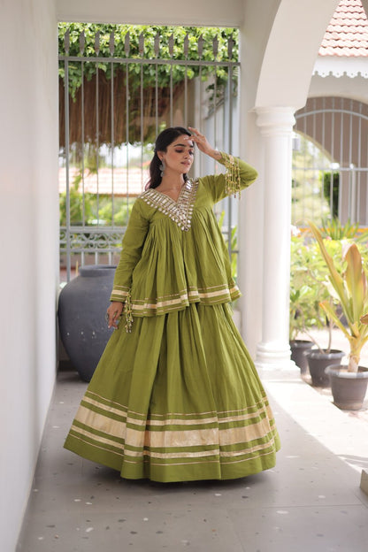 RangBhoomi Navratri Kora Cotton Full-Stitched Lehenga & Blouse Set with Mirror and Gota Work