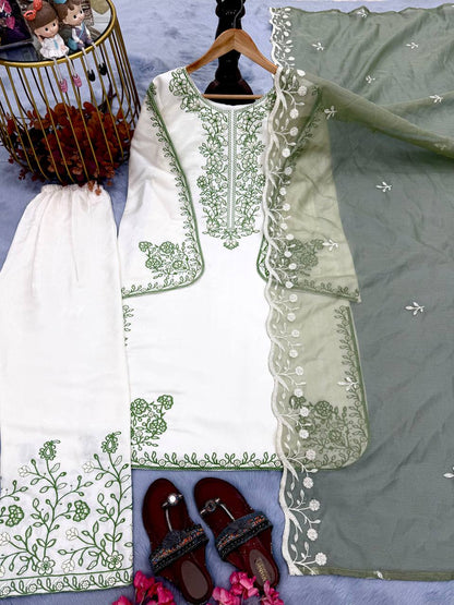 Elegant Party Wear Set Featuring Premium Roman Glass Embroidered Top with Fancy Bell Sleeves and Stylish Palazzo Pants with Dupatta