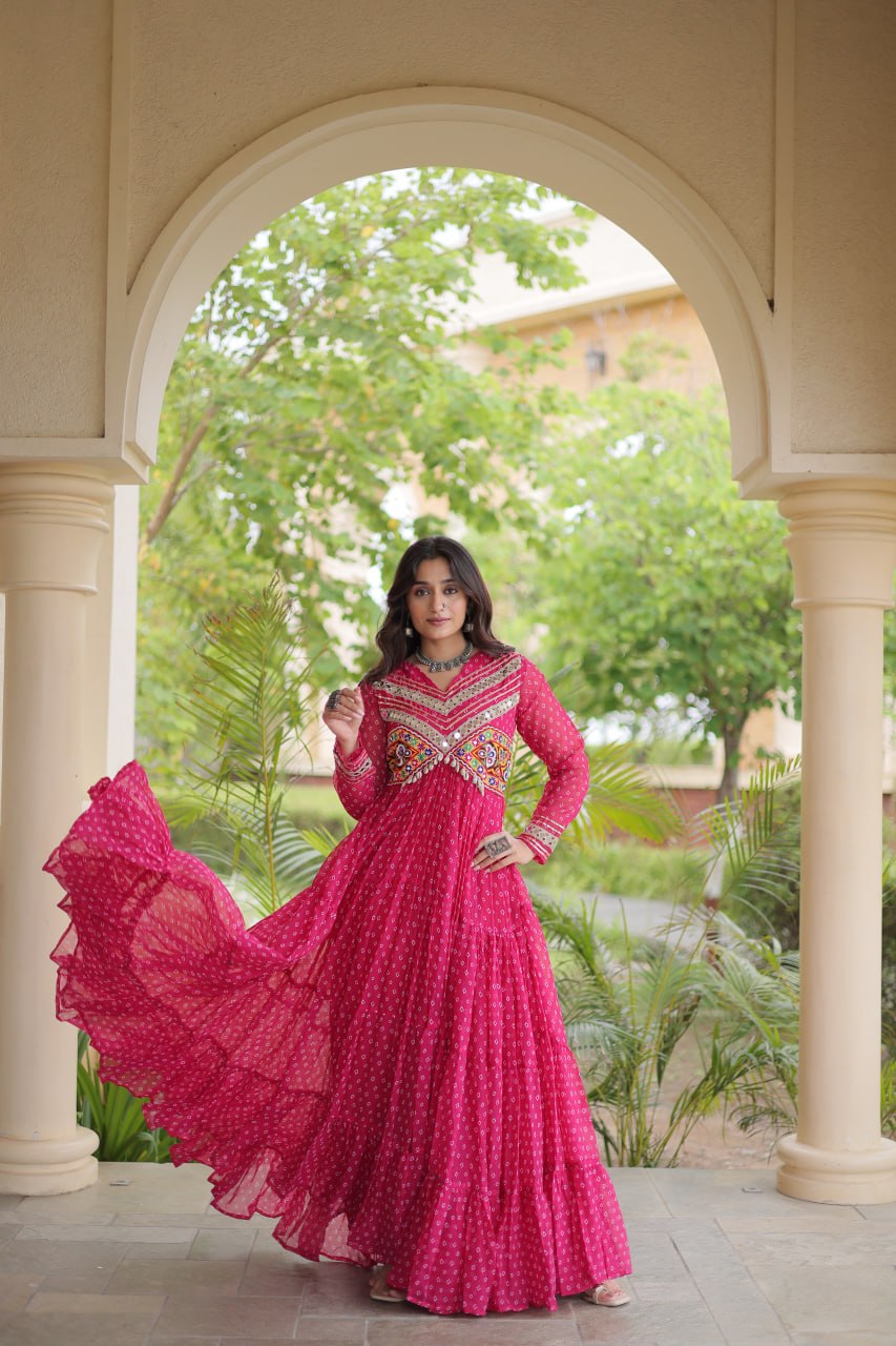 RangBhoomi Bandhani & Kutchi Patchwork Faux Georgette Gown — Navratri Special