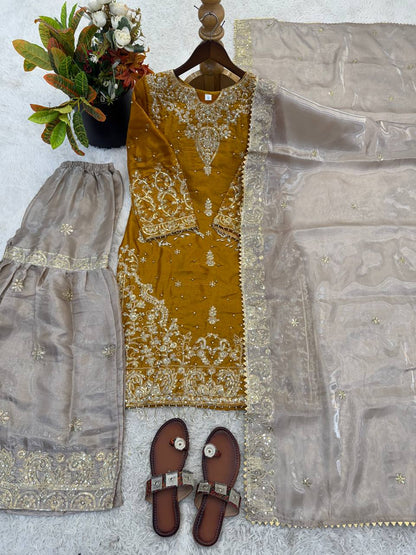RangBhoomi Exclusive Designer Partywear Set – Pure Heavy GMY Silk with Elaborate Embroidery and Sequins
