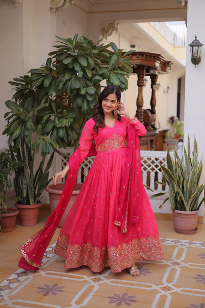Premium Ready-to-Wear Silk Gown with Embroidered Sequined Dupatta Set
