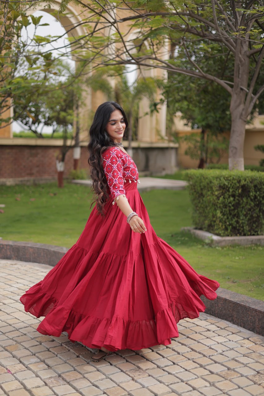 RangBhoomi Navratri Embroidered Kora Cotton Gown — 54" Length, Half Sleeve (Maroon / Black)