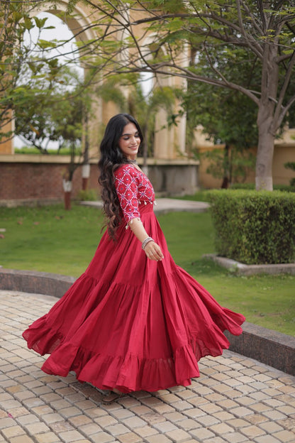 RangBhoomi Navratri Embroidered Kora Cotton Gown — 54" Length, Half Sleeve (Maroon / Black)