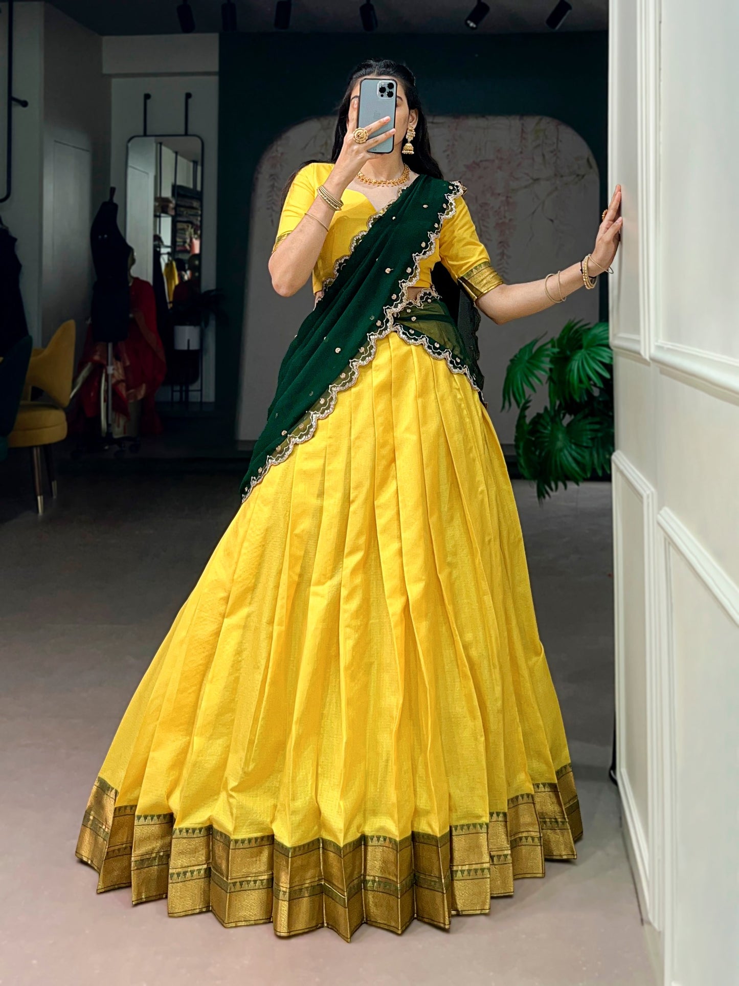 Soulfully Traditional Cotton Silk Lehenga Set with Royal Zari Work, Georgette Dupatta, and Elegant Scalloped Borders