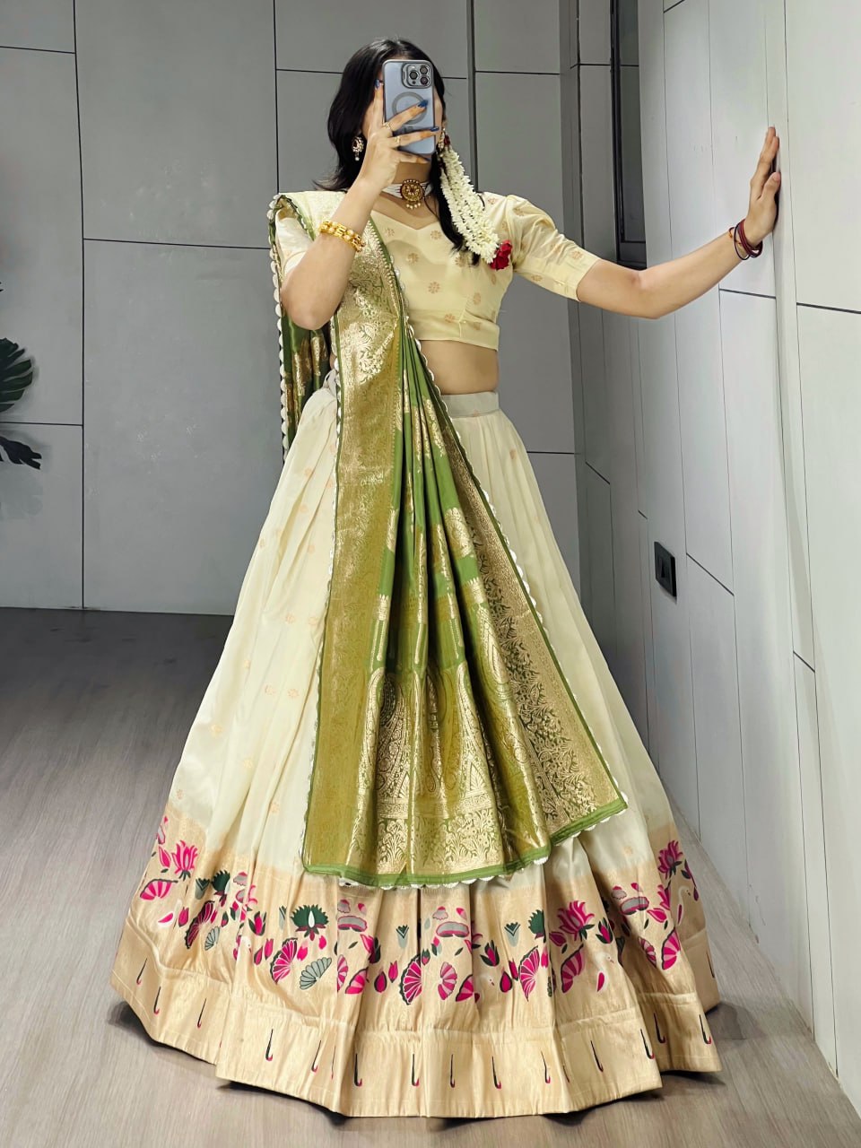 Exquisite Paithani Silk Lehenga with Vibrant Colorful Motifs, Iconic Gold Zari Border, and Signature Satin Silk Dupatta