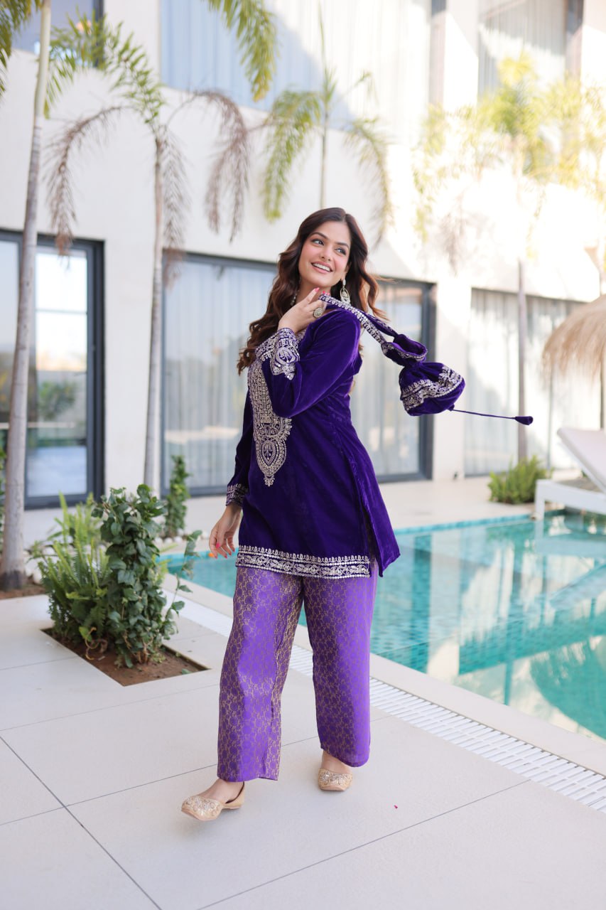 Ready-to-Wear Velvet Top and Pant Set with Embroidered Batwa from RangBhoomi Collection
