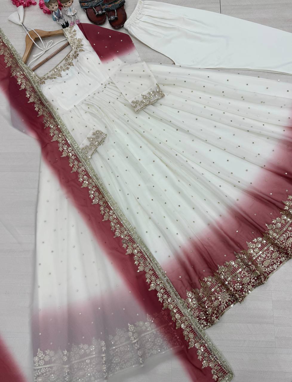 RangBhoomi Dual Tone Embroidered Georgette Anarkali Gown Set with Dupatta & Bottom