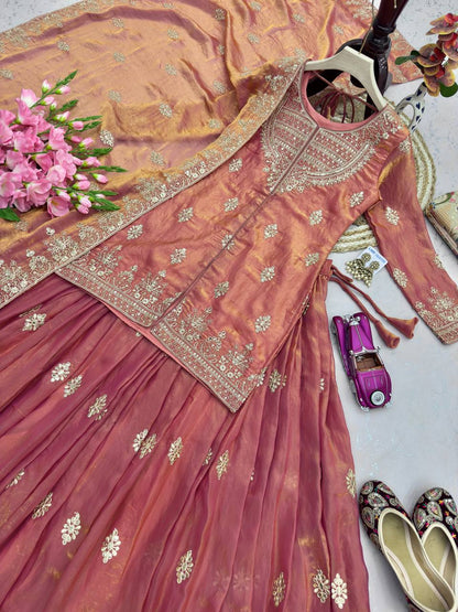 RangBhoomi Designer Party Wear Ensemble – Elegant Two Tone Fandy Silk Lehenga Set