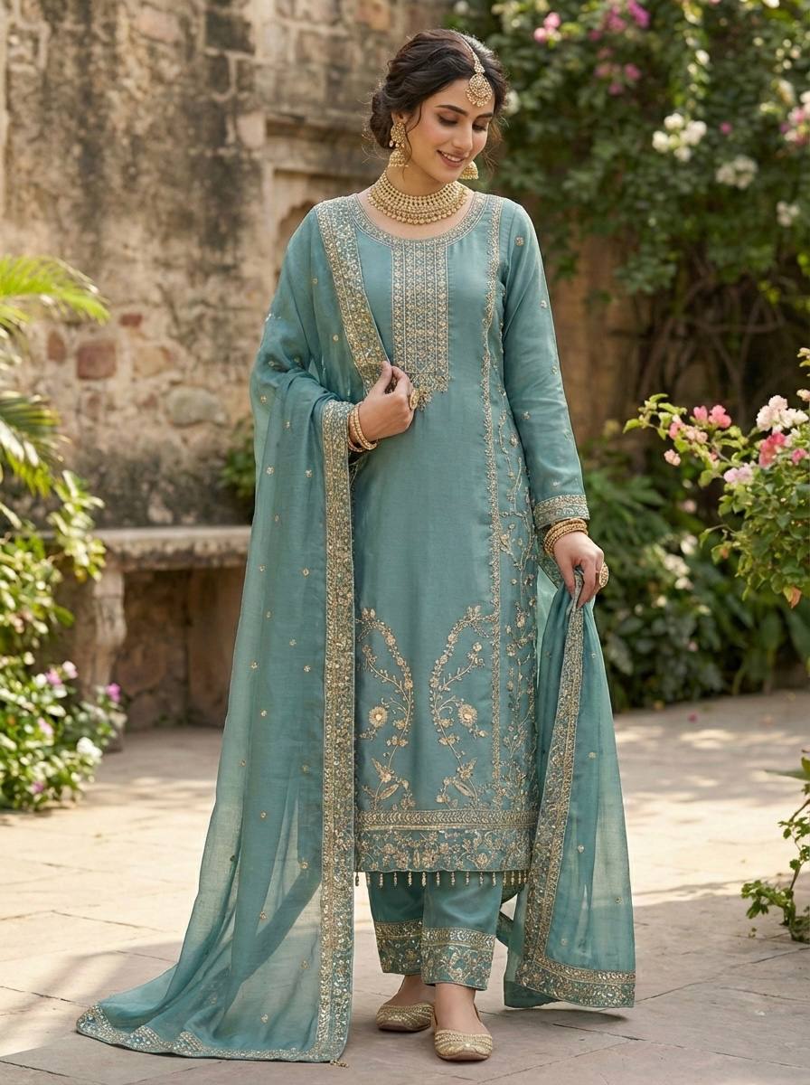 Elegant Designer Ready-to-Wear GMY Silk Three-Piece Set with Heavy Embroidery, Sequins, and Lace Border – Fully Stitched Top, Palazzo, and Dupatta