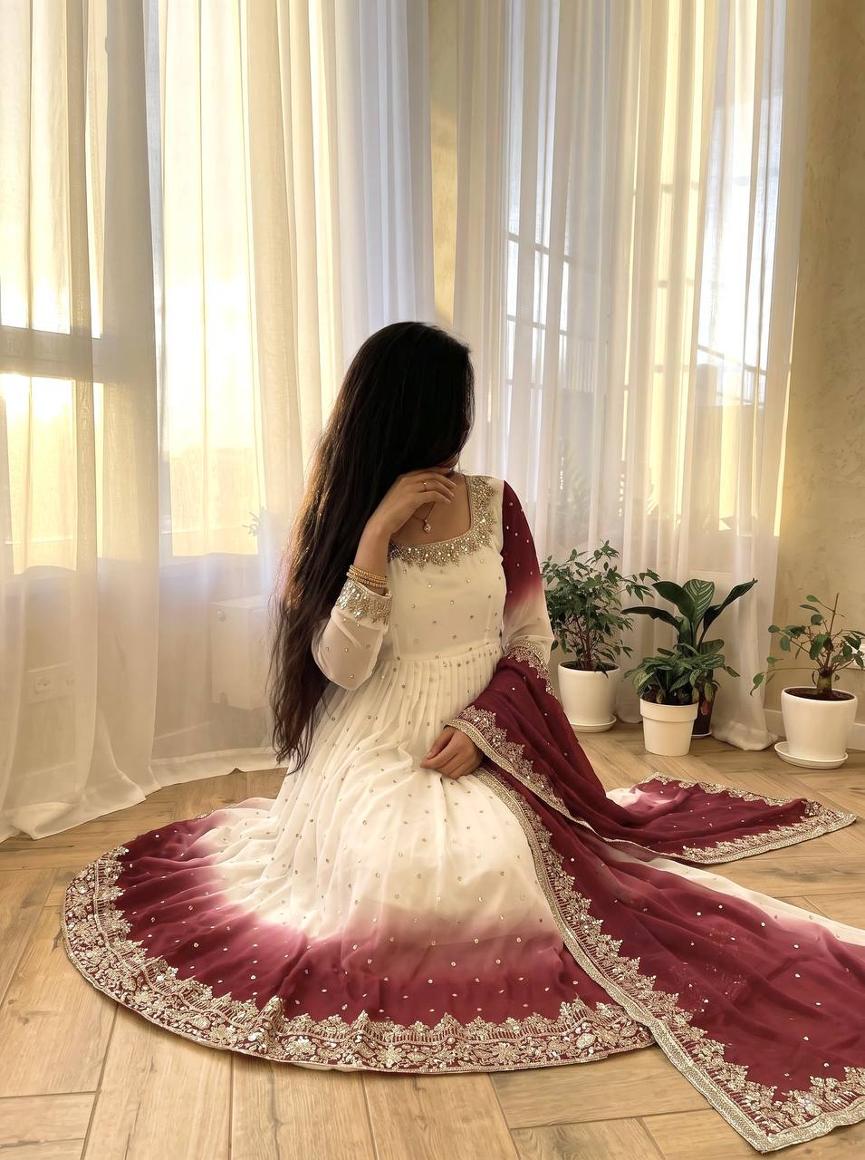 RangBhoomi Dual Tone Embroidered Georgette Anarkali Gown Set with Dupatta & Bottom