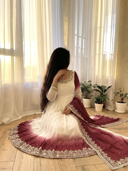 RangBhoomi Dual Tone Embroidered Georgette Anarkali Gown Set with Dupatta & Bottom