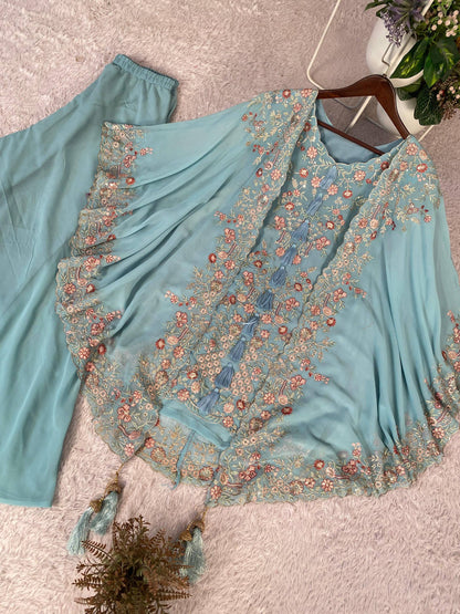 Elegant Designer Kurta and Palazzo Set with Sequined Embroidered Shrug in Luxurious Faux Georgette Fabric