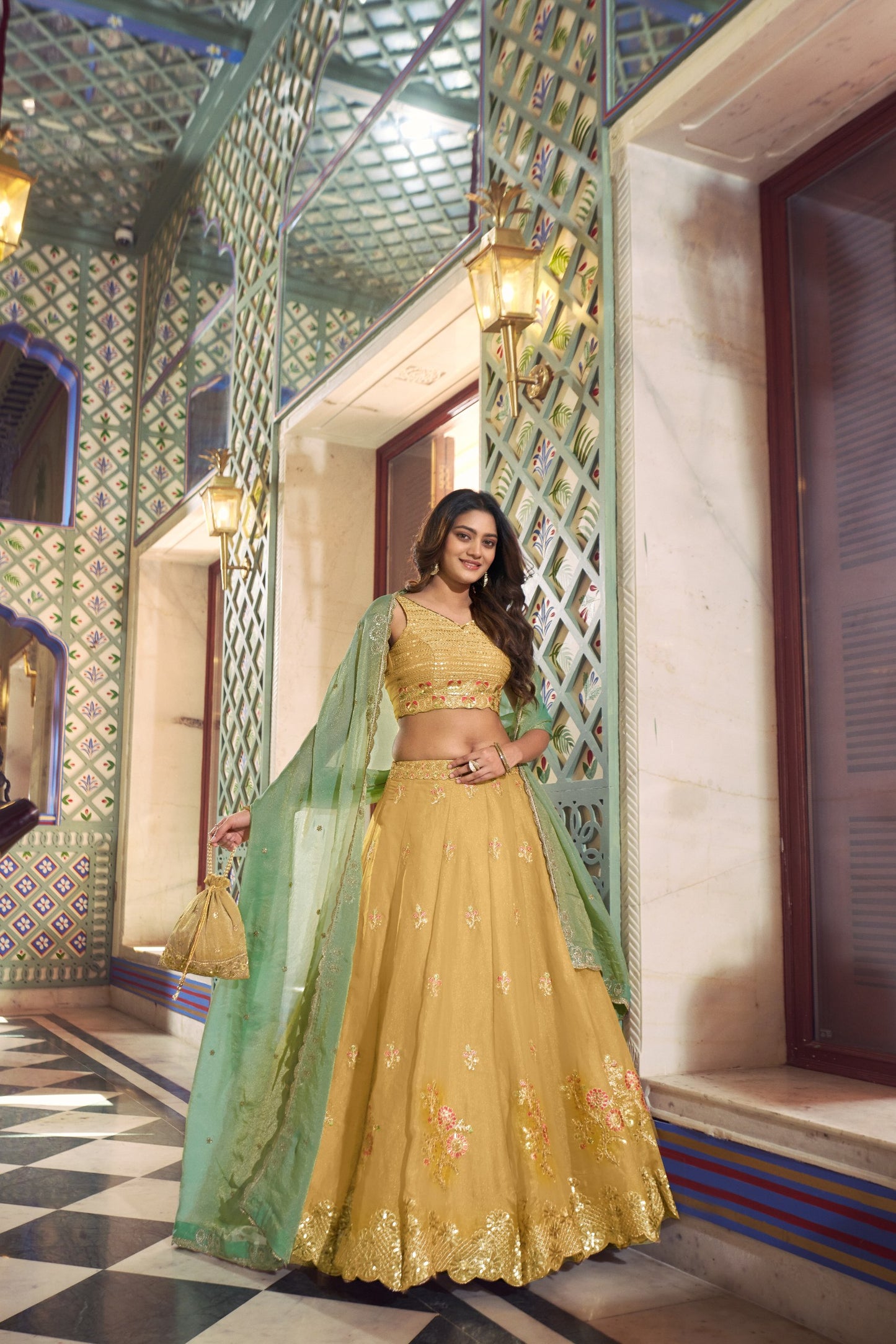 Sunlit Grace Pastel Green Embroidered Lehenga with Sequins and Thread Detailing
