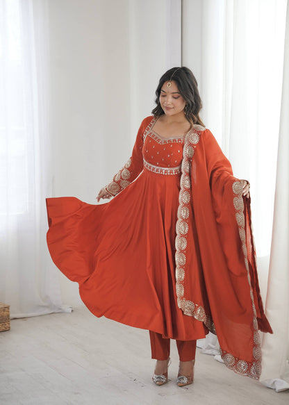RangBhoomi Designer Anarkali Gown Set with Chanderi Dupatta - Roman Silk, Embroidered Sequins