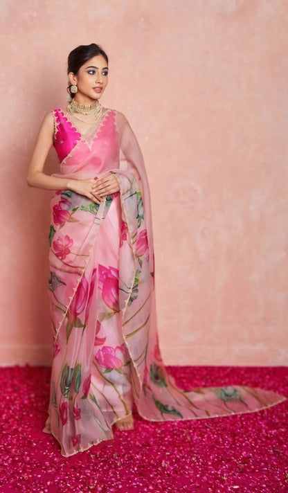 Ready To Wear Organza Silk Saree - Floral Printed