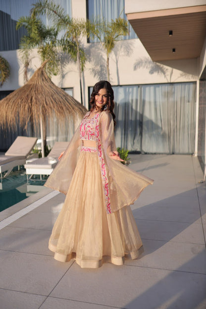 Elegant Sindur Silk Embroidered Lehenga Choli Set with Sleeveless Blouse and Matching Shrug