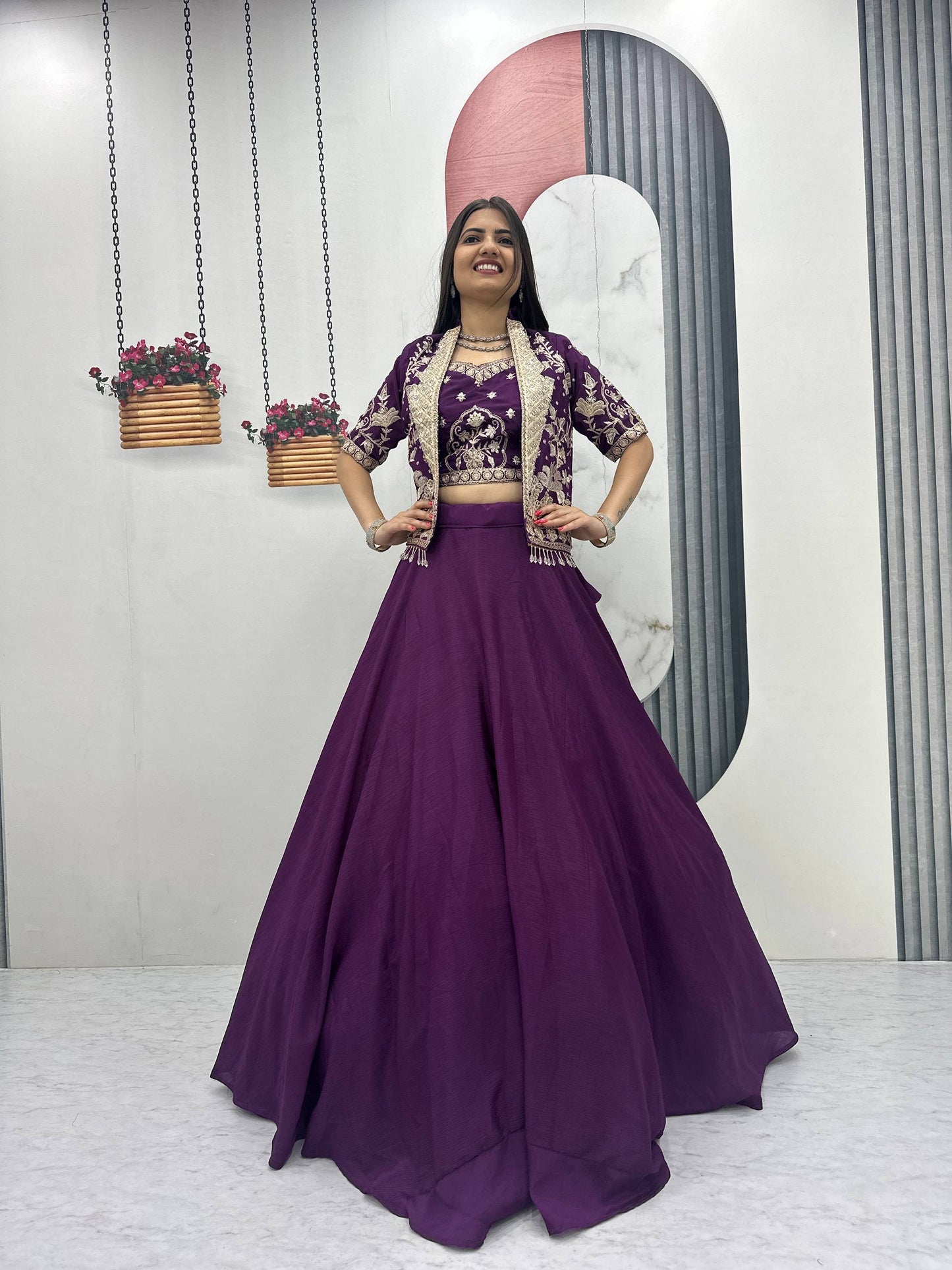RangBhoomi Festival Special Embroidered Chinon Crop Top Set with Lehenga and Jacket