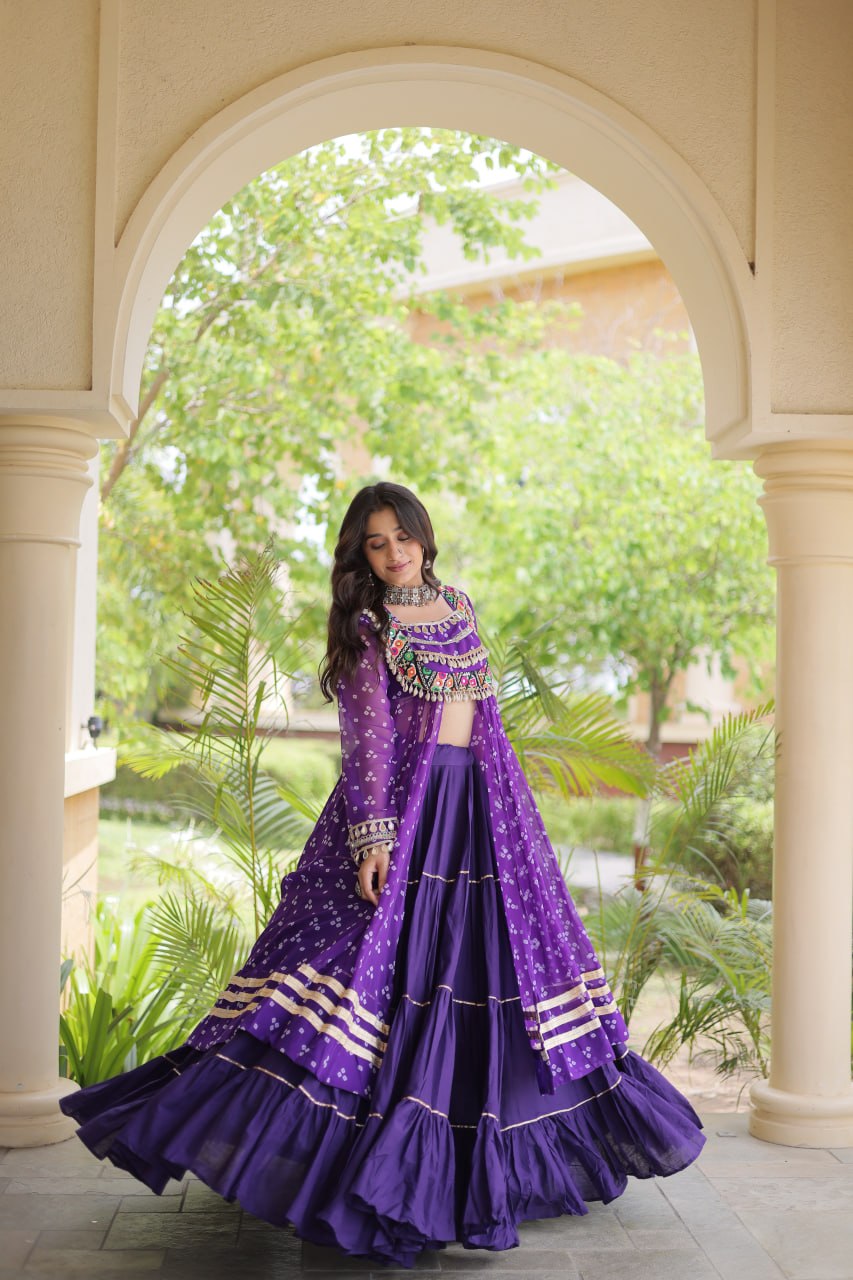 RangBhoomi Navratri 2026 Lehenga & Kurti Set – Kora Cotton Lehenga with Bandhni Faux Georgette Kurti (L, 40" Stitched)