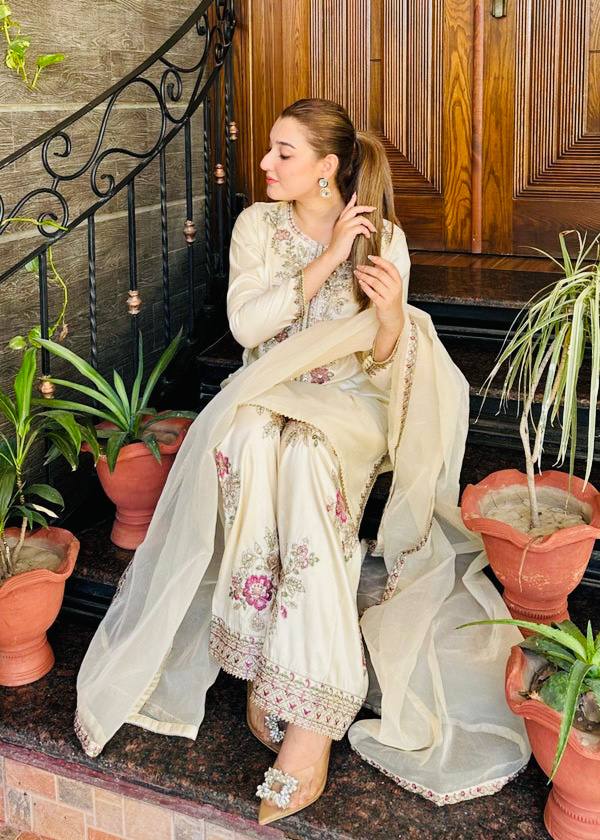 RangBhoomi Women's Premium Ethnic French Crepe Ensemble with Embroidered Thread Work, Full Sleeve Top, Farshi Pant, and GMY Silk Dupatta