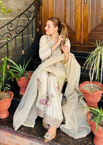 RangBhoomi Women's Premium Ethnic French Crepe Ensemble with Embroidered Thread Work, Full Sleeve Top, Farshi Pant, and GMY Silk Dupatta