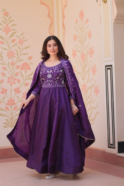 Elegant Gold Crush Embroidered Gown and Designer Dupatta Set