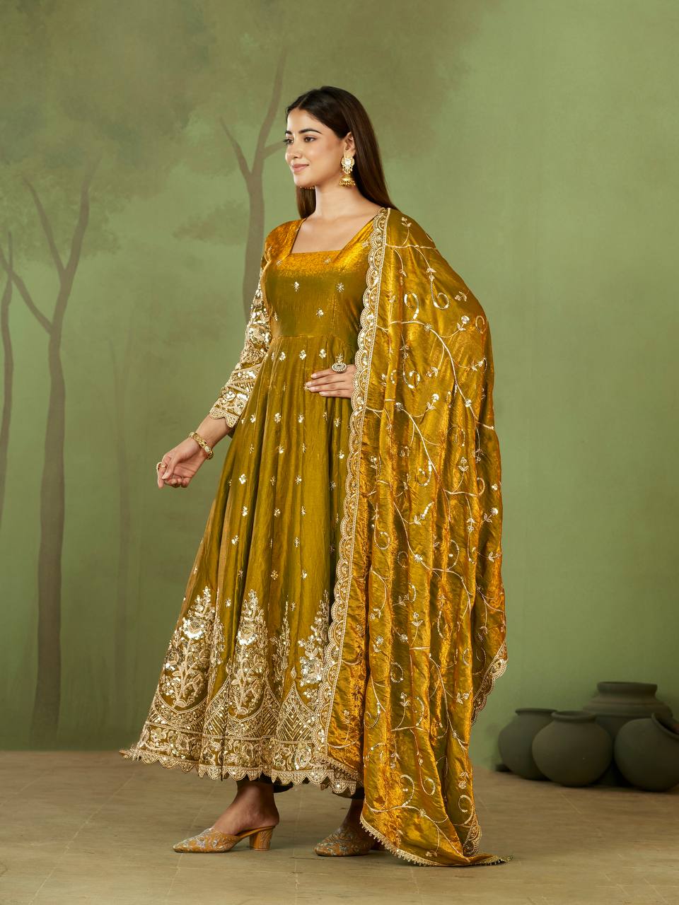 RangBhoomi Designer Party Wear Gown Set — 10 Colors, Heavy Jelly Shimmer Silk, Fully Stitched Embroidered Gown with Dupatta & Micro-Cotton Pant