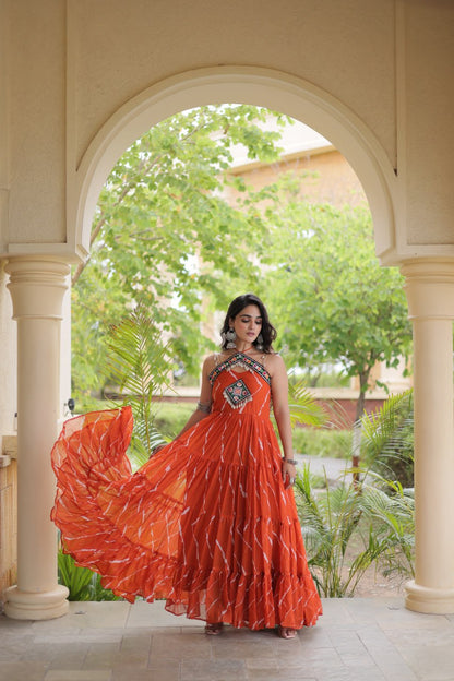 RangBhoomi Navratri Laheriya Patchwork Faux Georgette Gown - Sleeveless 56" Length, L (Adjustable 38-44)