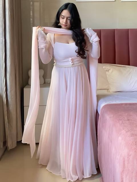 RangBhoomi Cinderella Red Fox Georgette Floor-Length Anarkali with Tassel Embellishments